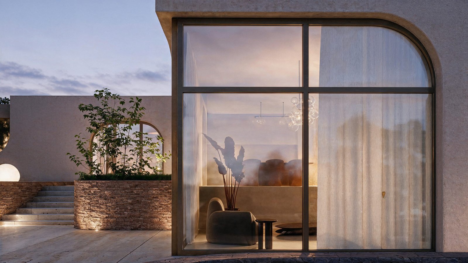 Arched glazing with linen curtains in the evening