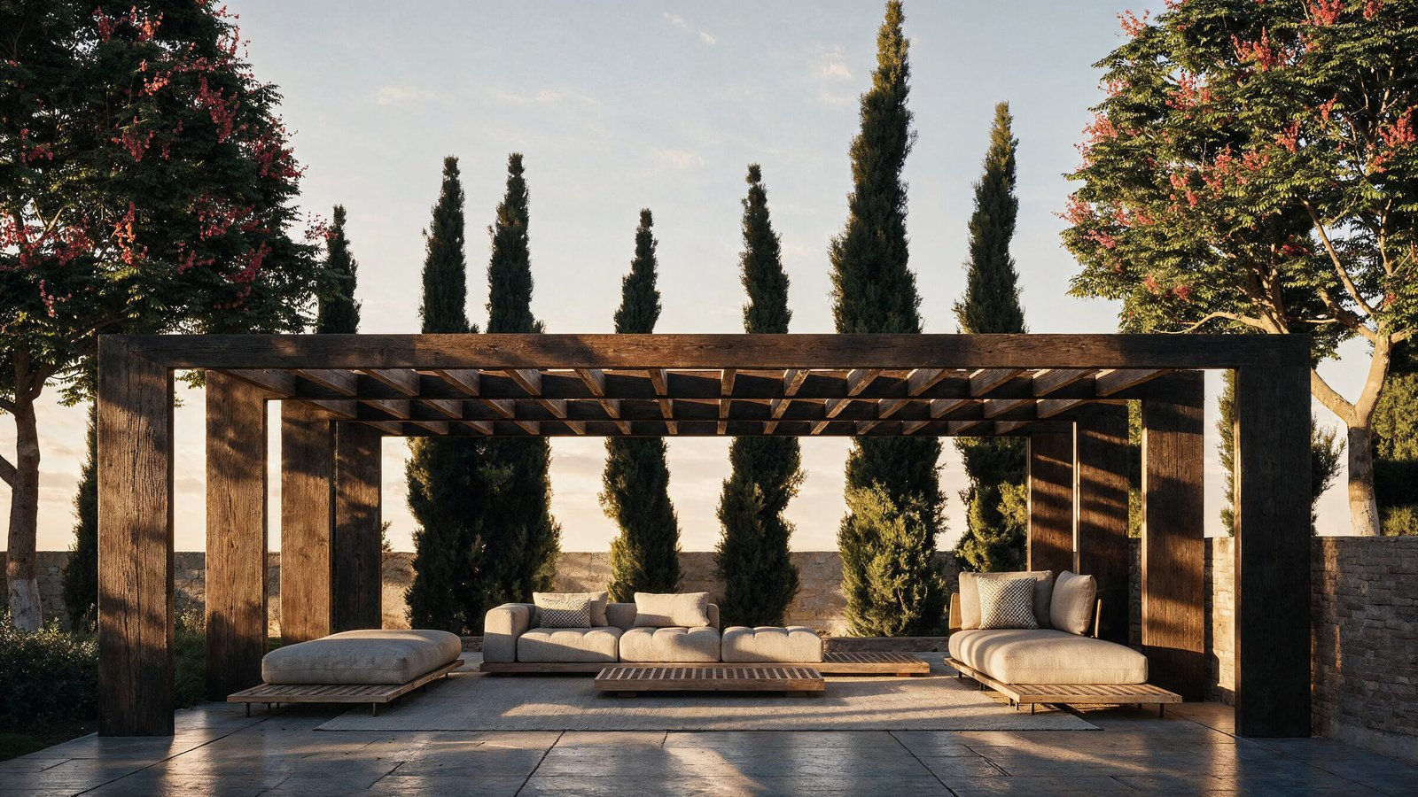 Pergola lounge at sunset