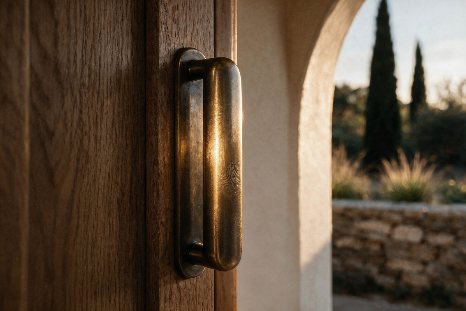 Bronze handle on timber door