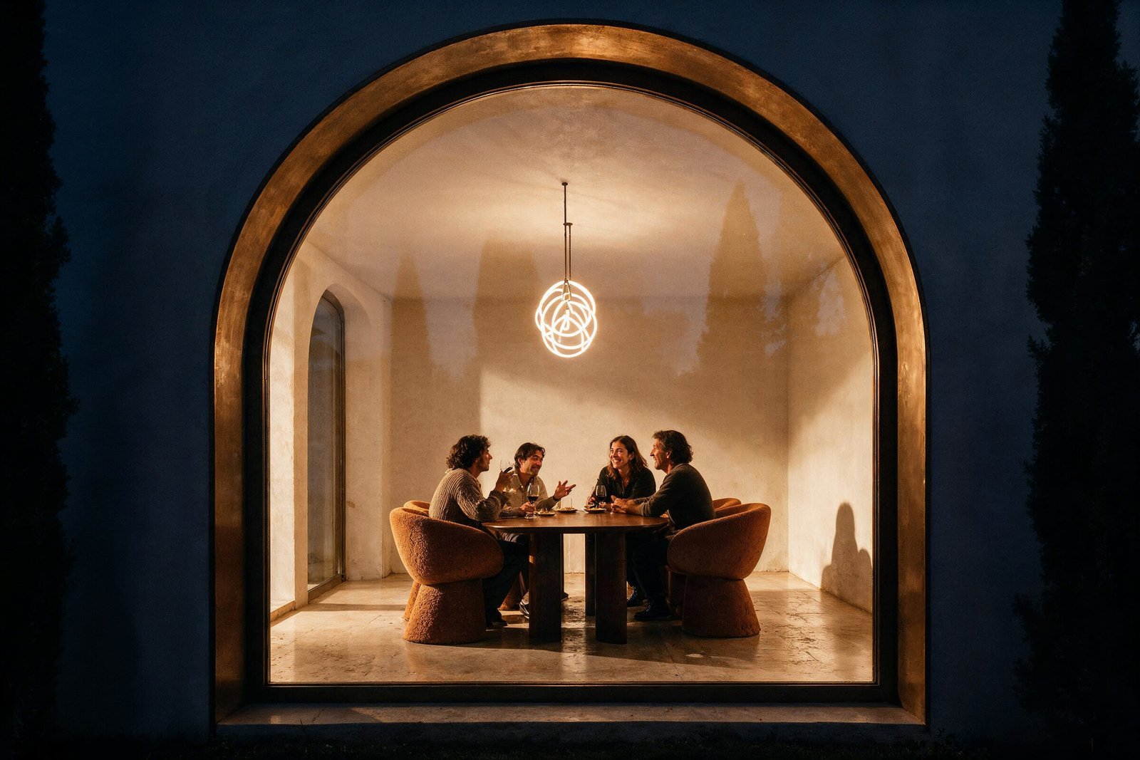 View through the arch into the dining room at night