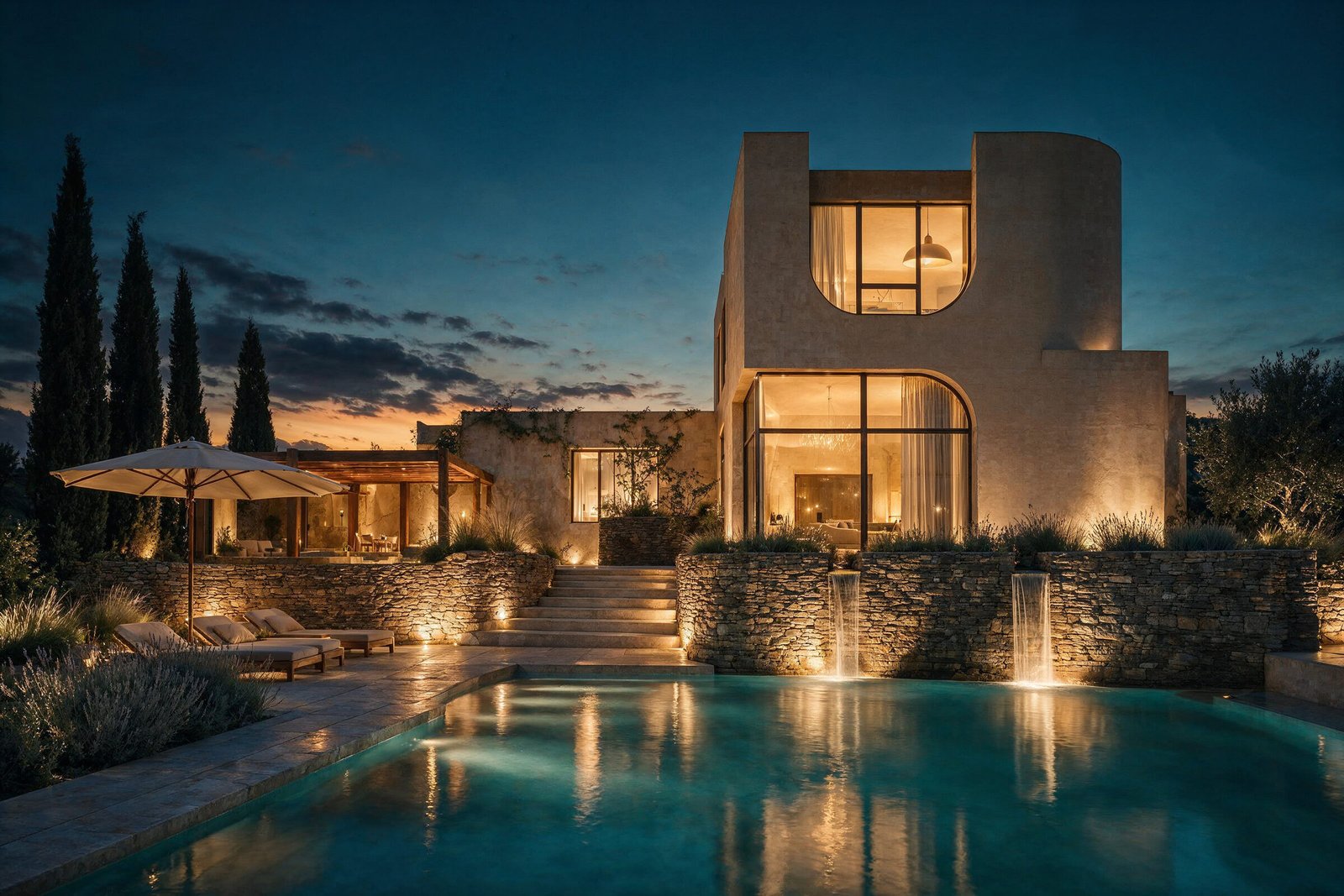 Villa D at dusk from the pool