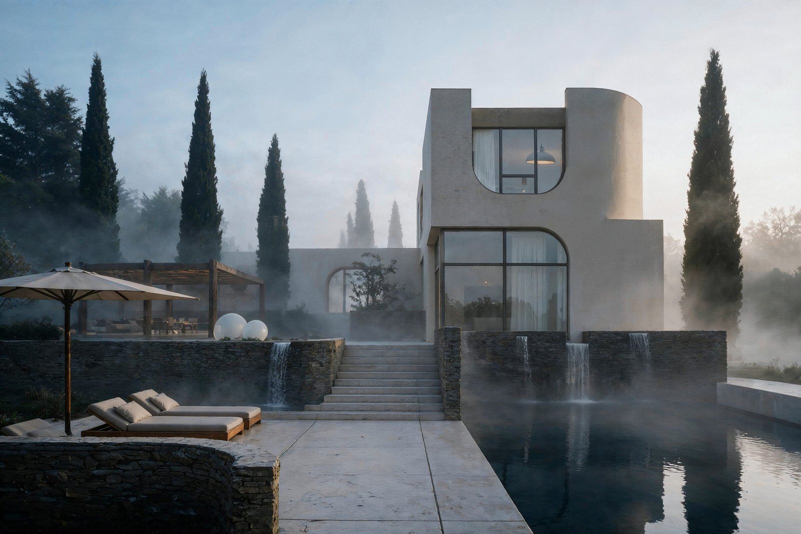 Pool in morning mist