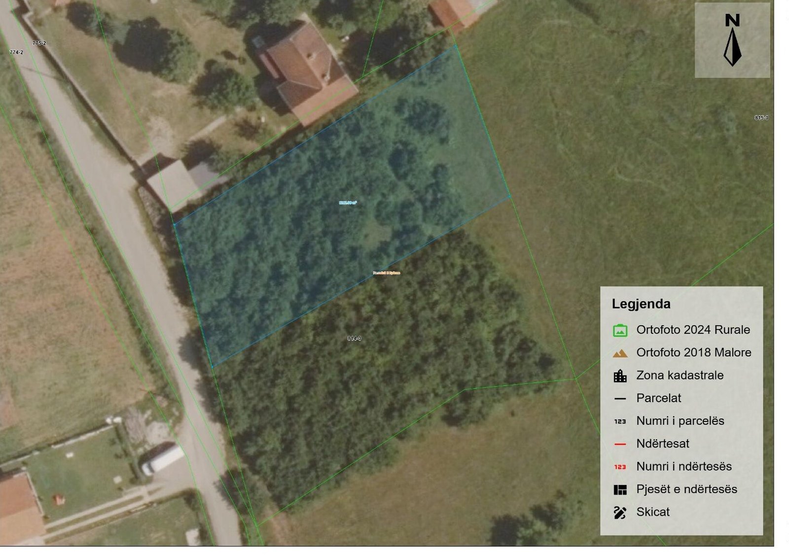 Cadastral orthophoto with the parcel highlighted
